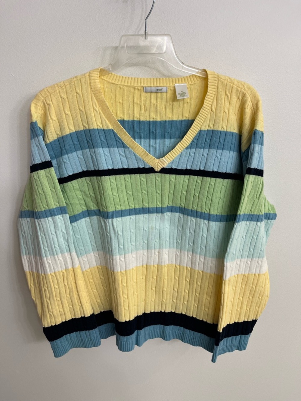 Liz Golf 3X Yellow Blue Green Striped V-Neck Cable Knit Sweater